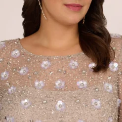 Adrianna Papell Plus Size Long Hand Beaded 3D Floral Dress With Elbow Sleeves In Marble -Glam Mirth Sales AP1E209314 AE064 Plus Detail