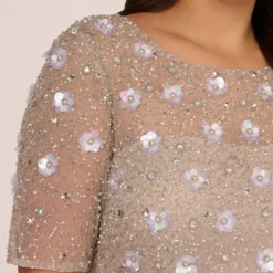 Adrianna Papell Plus Size Long Hand Beaded 3D Floral Dress With Elbow Sleeves In Marble -Glam Mirth Sales AP1E209314 AE064 Plus Lifestyle
