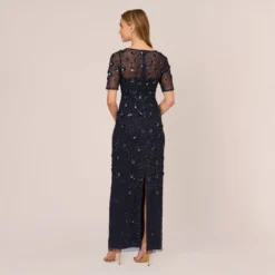 Adrianna Papell Long Hand Beaded 3D Floral Dress With Elbow Sleeves In Dusty Navy 9 Adrianna Papell Long Hand Beaded 3D Floral Dress With Elbow Sleeves In Dusty Navy -Glam Mirth Sales AP1E209314 AK469 Regular Back