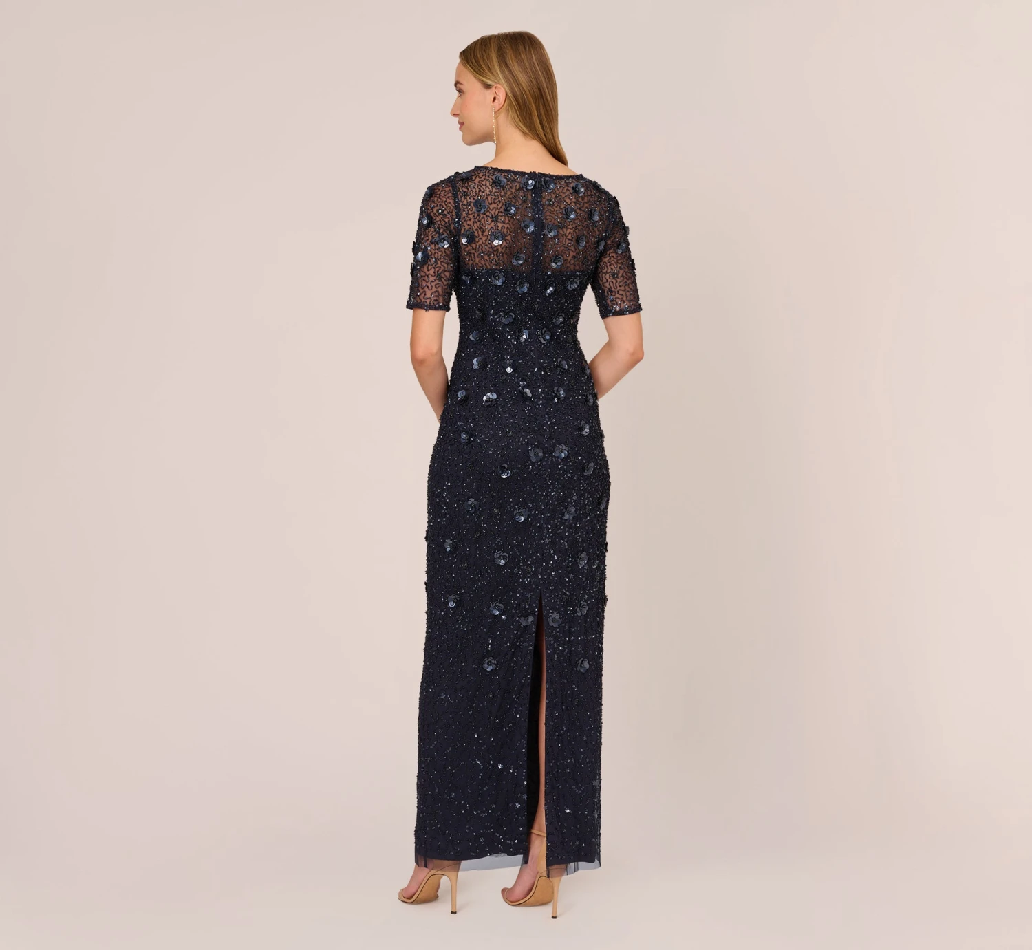Adrianna Papell Long Hand Beaded 3D Floral Dress With Elbow Sleeves In Dusty Navy 4 Adrianna Papell Long Hand Beaded 3D Floral Dress With Elbow Sleeves In Dusty Navy - Image 4