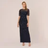 Adrianna Papell Long Hand Beaded 3D Floral Dress With Elbow Sleeves In Dusty Navy