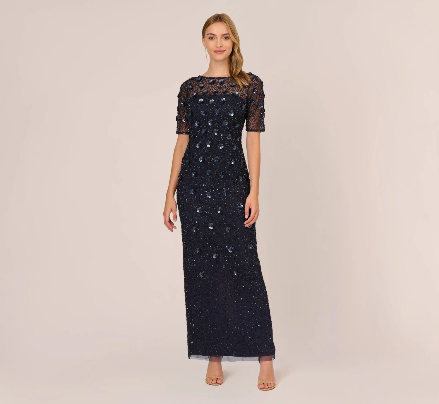 Adrianna Papell Long Hand Beaded 3D Floral Dress With Elbow Sleeves In Dusty Navy 1 Adrianna Papell Long Hand Beaded 3D Floral Dress With Elbow Sleeves In Dusty Navy
