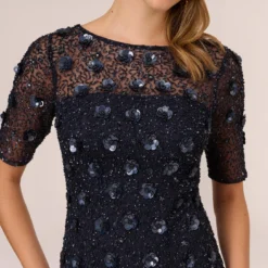 Adrianna Papell Long Hand Beaded 3D Floral Dress With Elbow Sleeves In Dusty Navy 8 Adrianna Papell Long Hand Beaded 3D Floral Dress With Elbow Sleeves In Dusty Navy -Glam Mirth Sales AP1E209314 AK469 Regular Detail