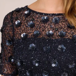 Adrianna Papell Long Hand Beaded 3D Floral Dress With Elbow Sleeves In Dusty Navy 10 Adrianna Papell Long Hand Beaded 3D Floral Dress With Elbow Sleeves In Dusty Navy -Glam Mirth Sales AP1E209314 AK469 Regular Lifestyle