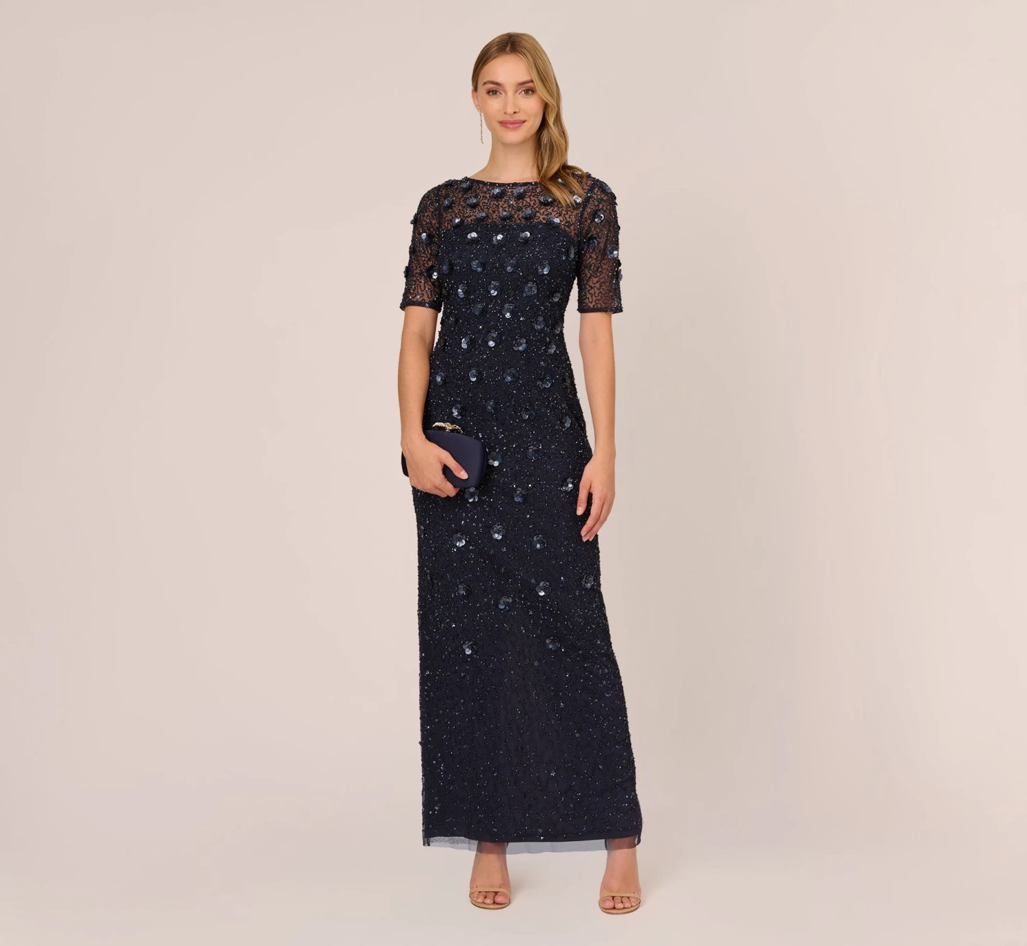 Adrianna Papell Long Hand Beaded 3D Floral Dress With Elbow Sleeves In Dusty Navy 2 Adrianna Papell Long Hand Beaded 3D Floral Dress With Elbow Sleeves In Dusty Navy - Image 2