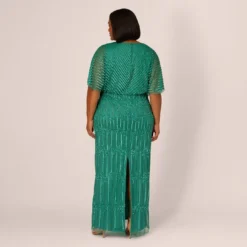 Adrianna Papell Plus Size Hand-Beaded Illusion Long Column Blouson Gown In Jungle Green 9 Adrianna Papell Plus Size Hand-Beaded Illusion Long Column Blouson Gown In Jungle Green -Glam Mirth Sales AP1E209335 AH314 Plus Back