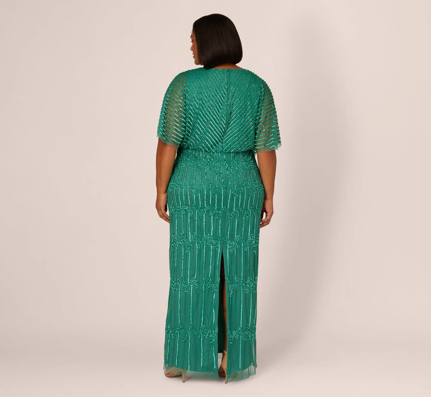 Adrianna Papell Plus Size Hand-Beaded Illusion Long Column Blouson Gown In Jungle Green 4 Adrianna Papell Plus Size Hand-Beaded Illusion Long Column Blouson Gown In Jungle Green - Image 4