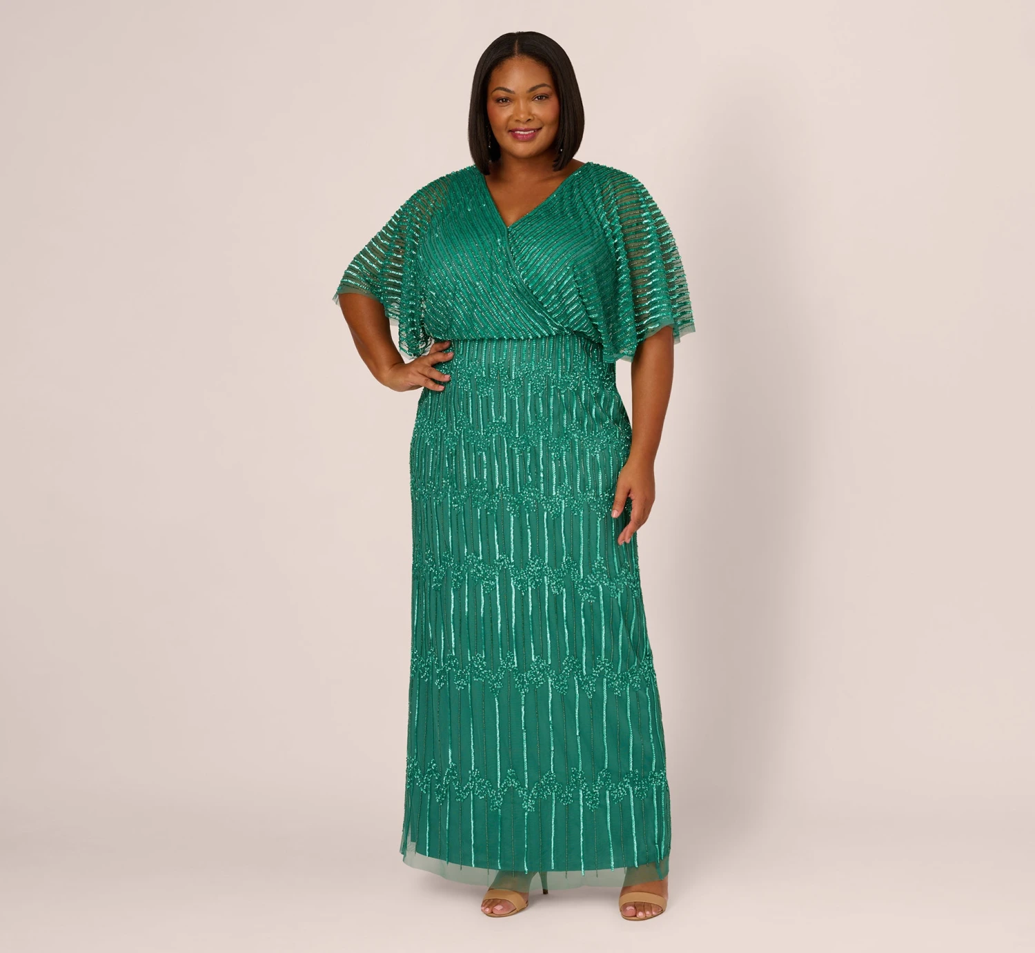 Adrianna Papell Plus Size Hand-Beaded Illusion Long Column Blouson Gown In Jungle Green 1 Adrianna Papell Plus Size Hand-Beaded Illusion Long Column Blouson Gown In Jungle Green