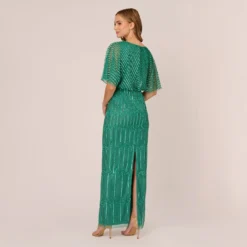 Adrianna Papell Hand-Beaded Illusion Long Column Blouson Gown In Jungle Green -Glam Mirth Sales AP1E209335 AH314 Regular Back