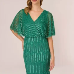Adrianna Papell Hand-Beaded Illusion Long Column Blouson Gown In Jungle Green -Glam Mirth Sales AP1E209335 AH314 Regular Detail