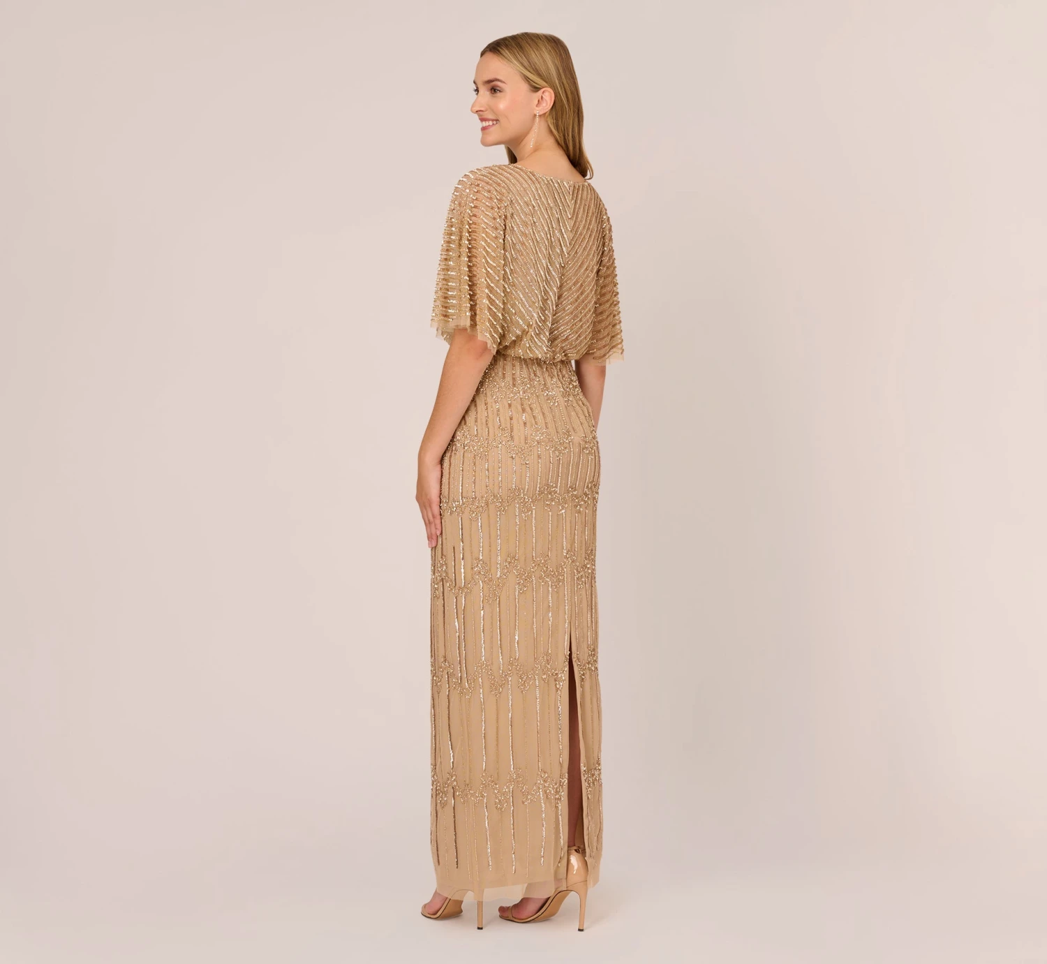 Adrianna Papell Hand-Beaded Illusion Long Column Blouson Gown In Champagne Gold 4 Adrianna Papell Hand-Beaded Illusion Long Column Blouson Gown In Champagne Gold - Image 4