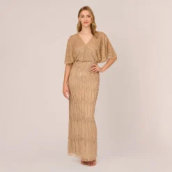 Adrianna Papell Hand-Beaded Illusion Long Column Blouson Gown In Champagne Gold