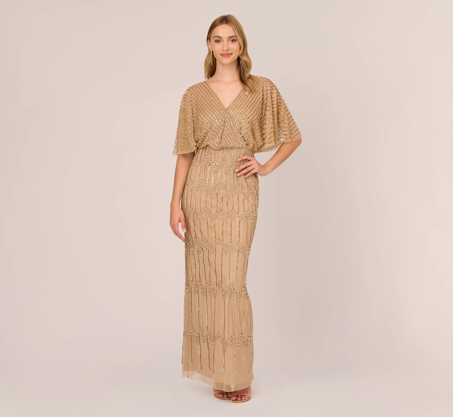 Adrianna Papell Hand-Beaded Illusion Long Column Blouson Gown In Champagne Gold 1 Adrianna Papell Hand-Beaded Illusion Long Column Blouson Gown In Champagne Gold