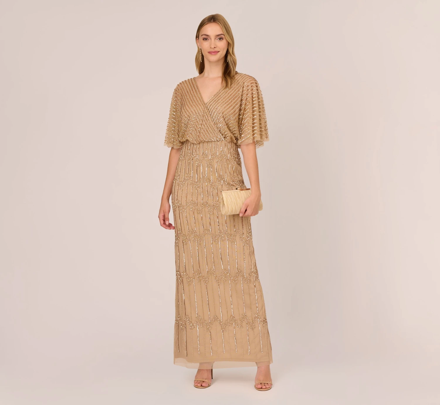 Adrianna Papell Hand-Beaded Illusion Long Column Blouson Gown In Champagne Gold 2 Adrianna Papell Hand-Beaded Illusion Long Column Blouson Gown In Champagne Gold - Image 2