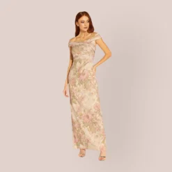Adrianna Papell Floral Off-The-Shoulder Matelasse Column Gown In Rose Multi