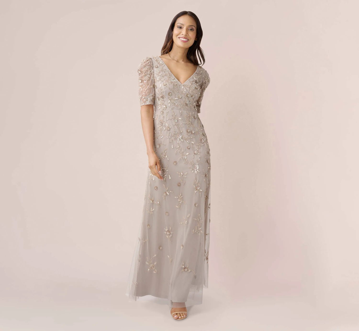 Adrianna Papell Hand-Beaded Long Gown With Elbow Sleeves In Marble 2 Adrianna Papell Hand-Beaded Long Gown With Elbow Sleeves In Marble - Image 2