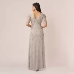 Adrianna Papell Hand-Beaded Long Gown With Elbow Sleeves In Marble 8 Adrianna Papell Hand-Beaded Long Gown With Elbow Sleeves In Marble -Glam Mirth Sales AP1E209347 AE064 Regular Back