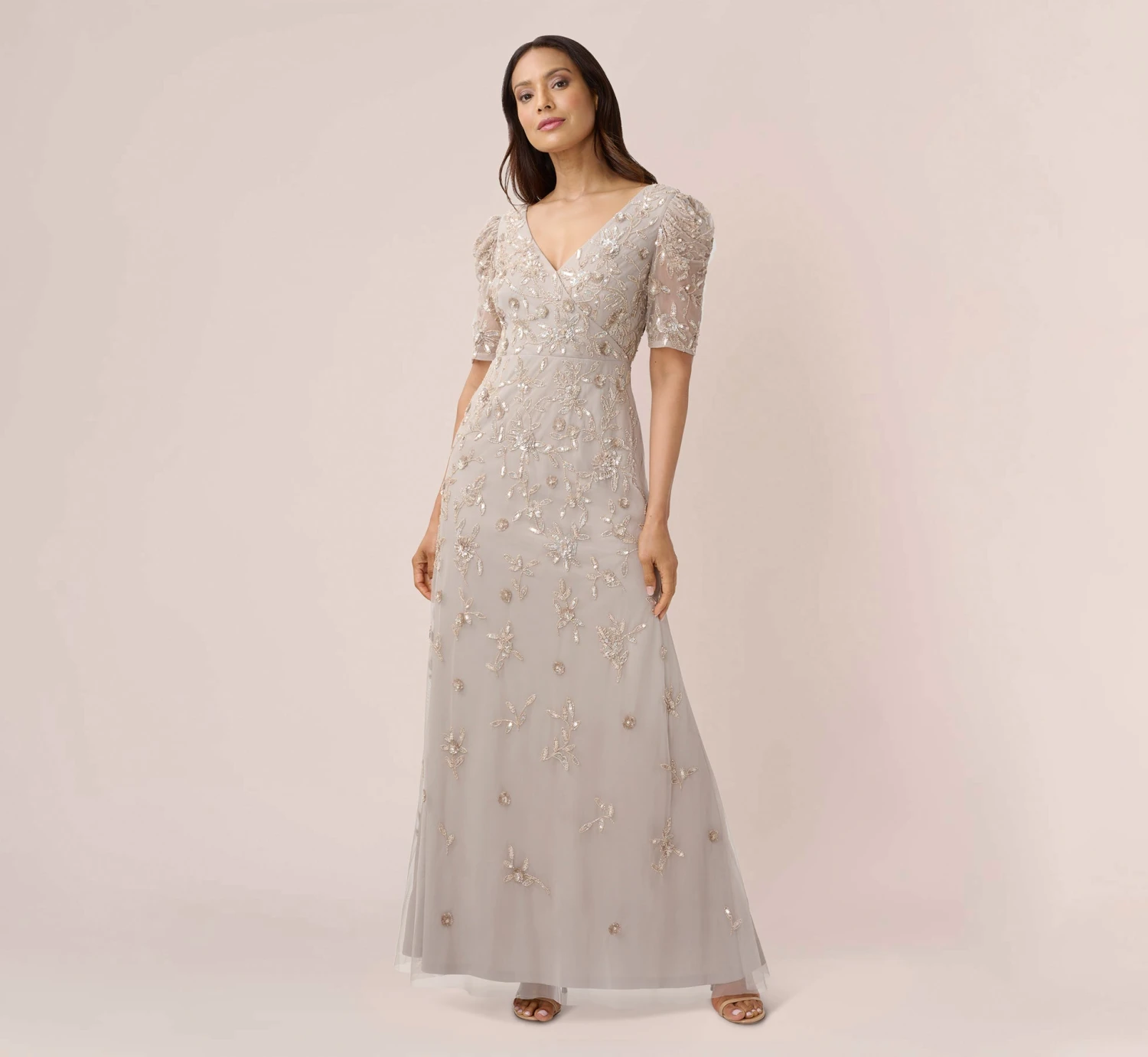 Adrianna Papell Hand-Beaded Long Gown With Elbow Sleeves In Marble 1 Adrianna Papell Hand-Beaded Long Gown With Elbow Sleeves In Marble