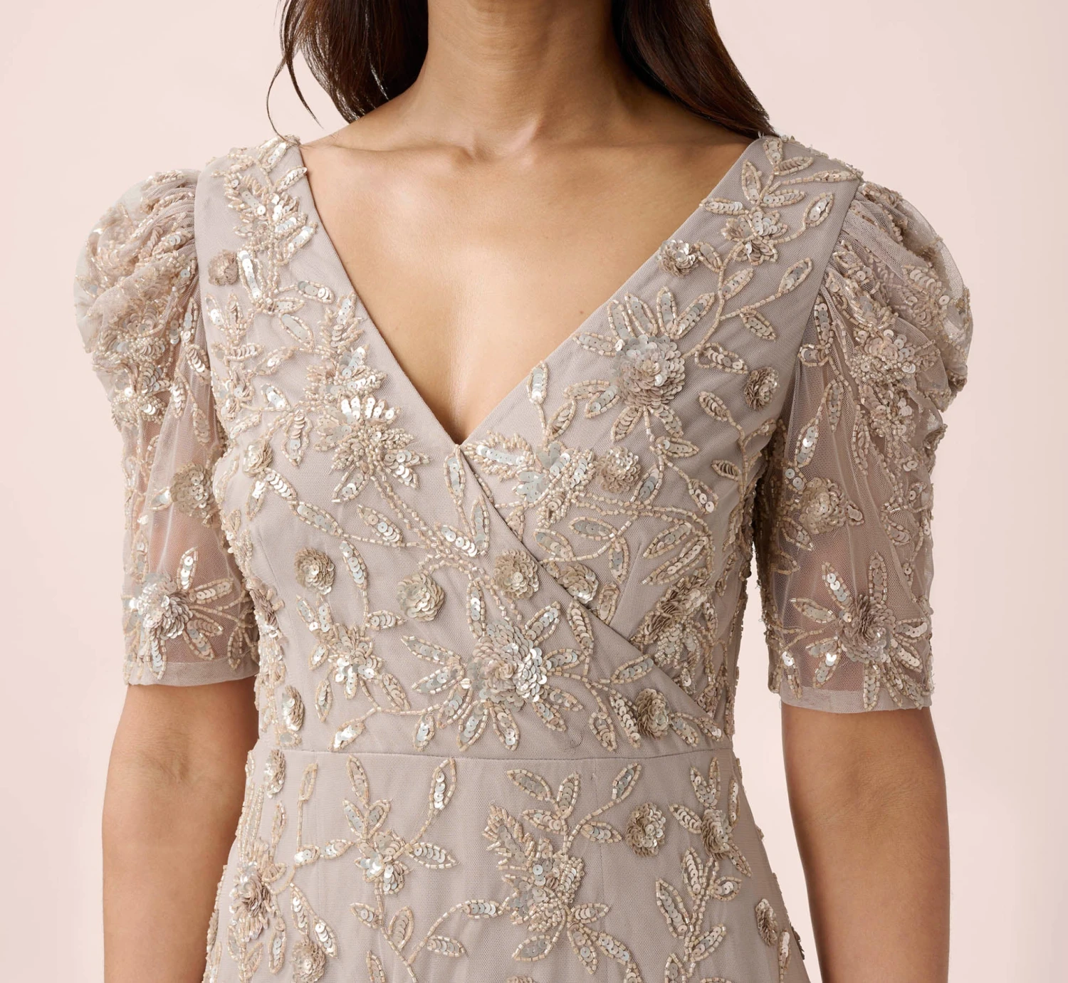 Adrianna Papell Hand-Beaded Long Gown With Elbow Sleeves In Marble 3 Adrianna Papell Hand-Beaded Long Gown With Elbow Sleeves In Marble - Image 3