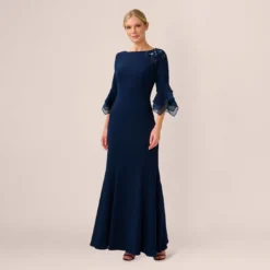 Adrianna Papell Beaded Crepe Long Fit-And-Flare Gown In Midnight