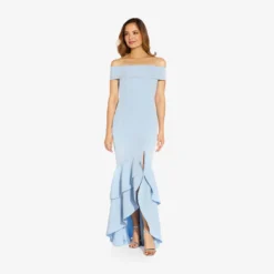 Adrianna Papell Off-The-Shoulder Crepe High-Low Gown With Ruffle In Elegant Sky 8 Adrianna Papell Off-The-Shoulder Crepe High-Low Gown With Ruffle In Elegant Sky -Glam Mirth Sales AP1E209457 AC497 Regular Alternate