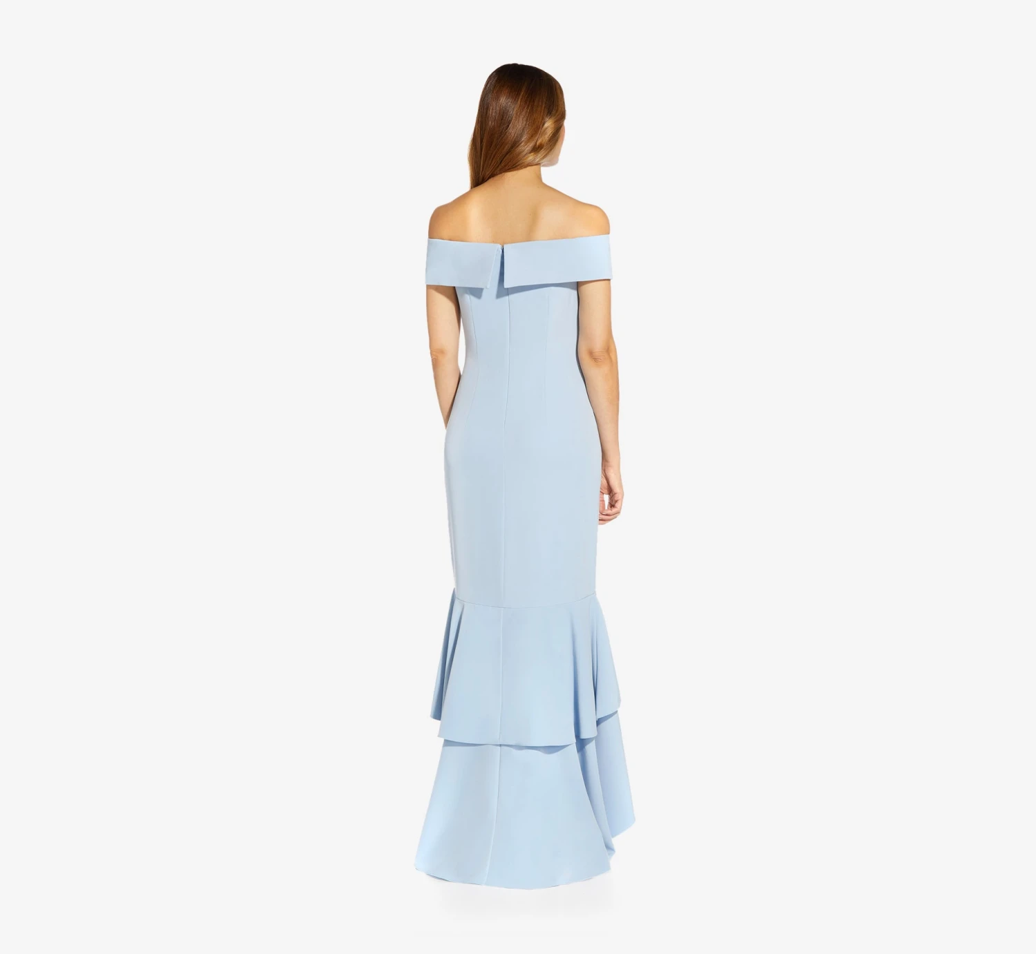 Adrianna Papell Off-The-Shoulder Crepe High-Low Gown With Ruffle In Elegant Sky 2 Adrianna Papell Off-The-Shoulder Crepe High-Low Gown With Ruffle In Elegant Sky - Image 2