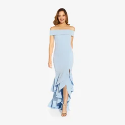 Adrianna Papell Off-The-Shoulder Crepe High-Low Gown With Ruffle In Elegant Sky