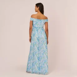 Adrianna Papell Floral-Print Off-The-Shoulder Chiffon Long Gown In Blue Multi 10 Adrianna Papell Floral-Print Off-The-Shoulder Chiffon Long Gown In Blue Multi -Glam Mirth Sales AP1E209472 AA461 Regular Back