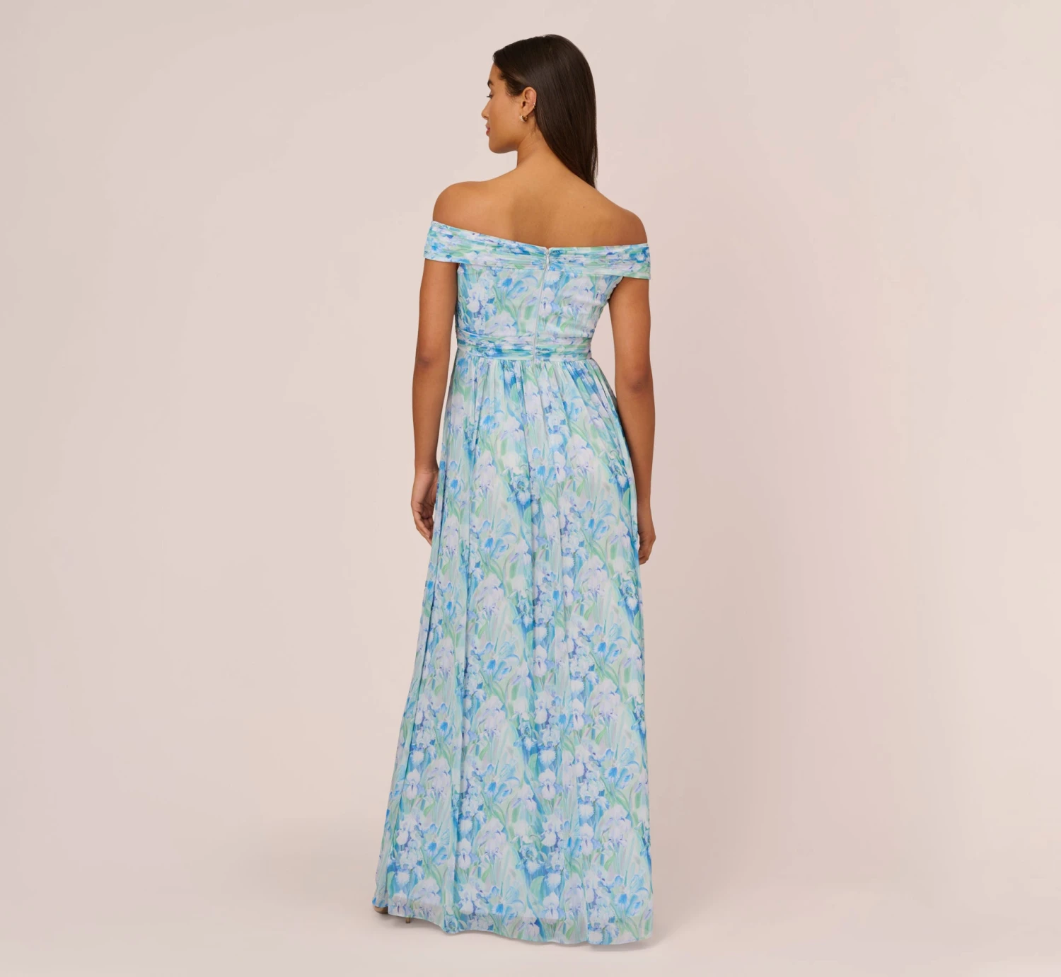 Adrianna Papell Floral-Print Off-The-Shoulder Chiffon Long Gown In Blue Multi 4 Adrianna Papell Floral-Print Off-The-Shoulder Chiffon Long Gown In Blue Multi - Image 4