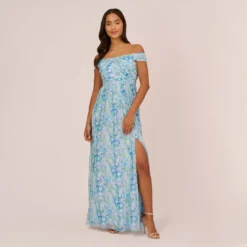 Adrianna Papell Floral-Print Off-The-Shoulder Chiffon Long Gown In Blue Multi