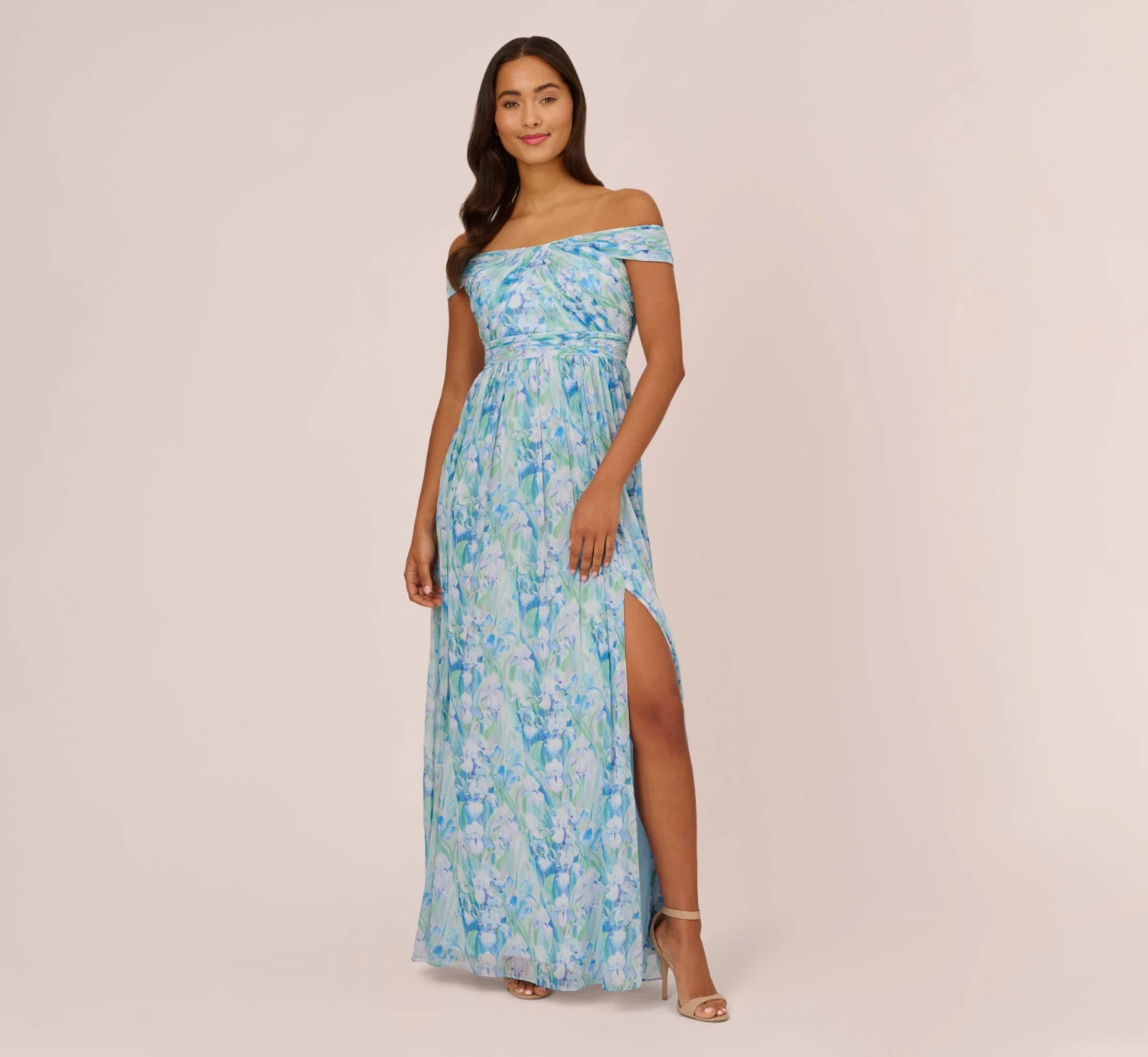 Adrianna Papell Floral-Print Off-The-Shoulder Chiffon Long Gown In Blue Multi 1 Adrianna Papell Floral-Print Off-The-Shoulder Chiffon Long Gown In Blue Multi