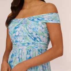Adrianna Papell Floral-Print Off-The-Shoulder Chiffon Long Gown In Blue Multi 13 Adrianna Papell Floral-Print Off-The-Shoulder Chiffon Long Gown In Blue Multi -Glam Mirth Sales AP1E209472 AA461 Regular Detail