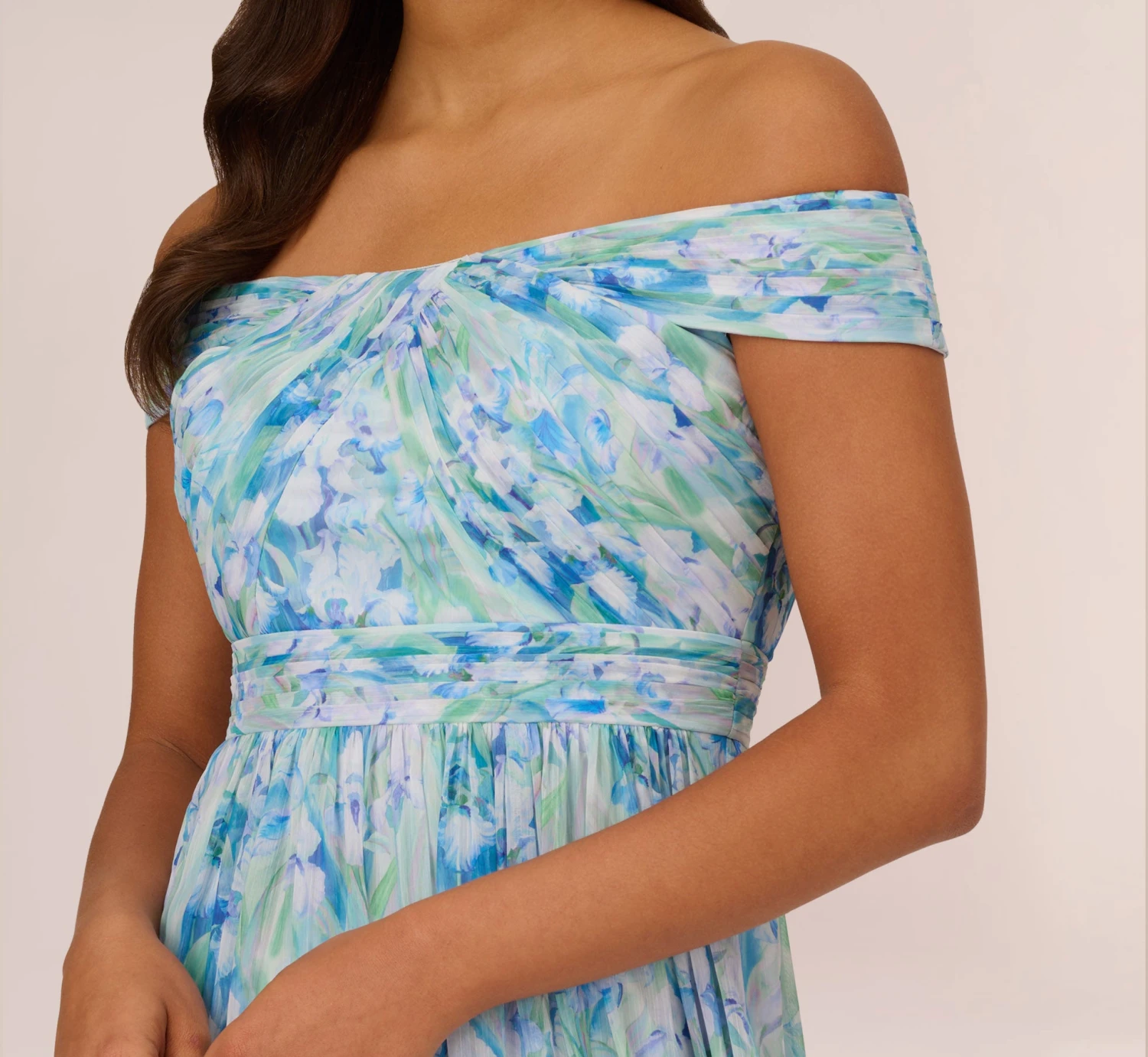 Adrianna Papell Floral-Print Off-The-Shoulder Chiffon Long Gown In Blue Multi 7 Adrianna Papell Floral-Print Off-The-Shoulder Chiffon Long Gown In Blue Multi - Image 7