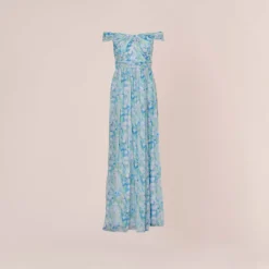 Adrianna Papell Floral-Print Off-The-Shoulder Chiffon Long Gown In Blue Multi 12 Adrianna Papell Floral-Print Off-The-Shoulder Chiffon Long Gown In Blue Multi -Glam Mirth Sales AP1E209472 AA461 Regular Flat