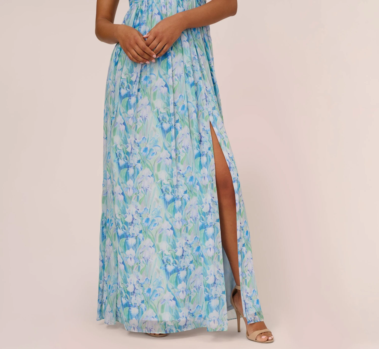 Adrianna Papell Floral-Print Off-The-Shoulder Chiffon Long Gown In Blue Multi 3 Adrianna Papell Floral-Print Off-The-Shoulder Chiffon Long Gown In Blue Multi - Image 3