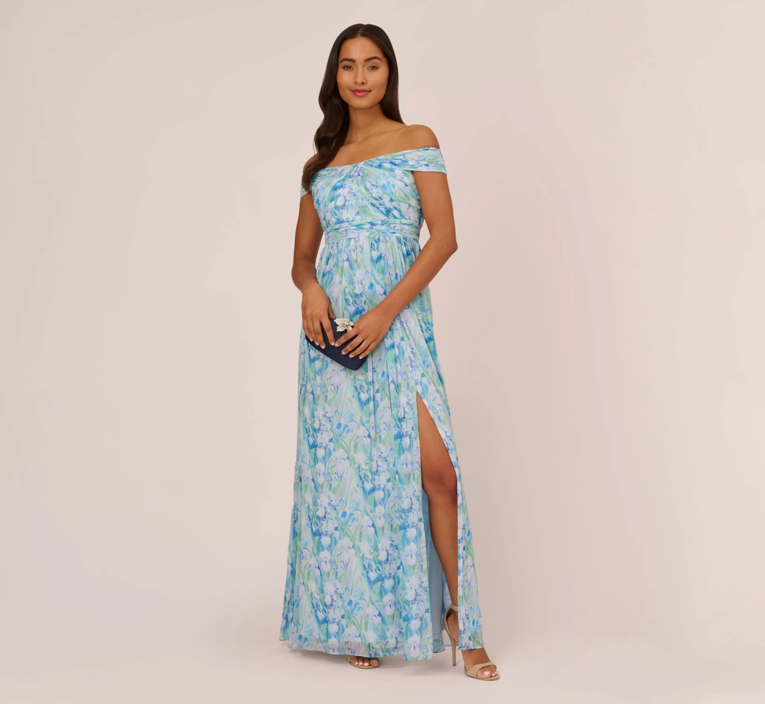 Adrianna Papell Floral-Print Off-The-Shoulder Chiffon Long Gown In Blue Multi 2 Adrianna Papell Floral-Print Off-The-Shoulder Chiffon Long Gown In Blue Multi - Image 2