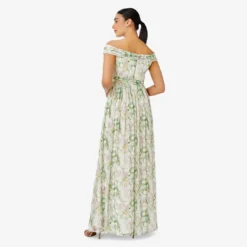 Adrianna Papell Floral-Print Off-The-Shoulder Chiffon Long Gown In Spring Mint Multi -Glam Mirth Sales AP1E209472 AL484 Regular Back