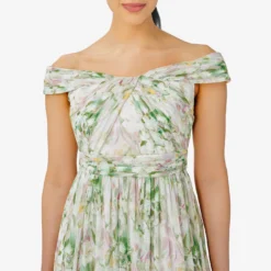 Adrianna Papell Floral-Print Off-The-Shoulder Chiffon Long Gown In Spring Mint Multi -Glam Mirth Sales AP1E209472 AL484 Regular Detail