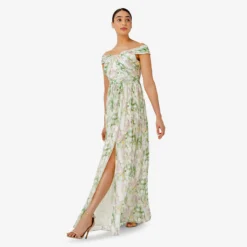 Adrianna Papell Floral-Print Off-The-Shoulder Chiffon Long Gown In Spring Mint Multi -Glam Mirth Sales AP1E209472 AL484 Regular Side