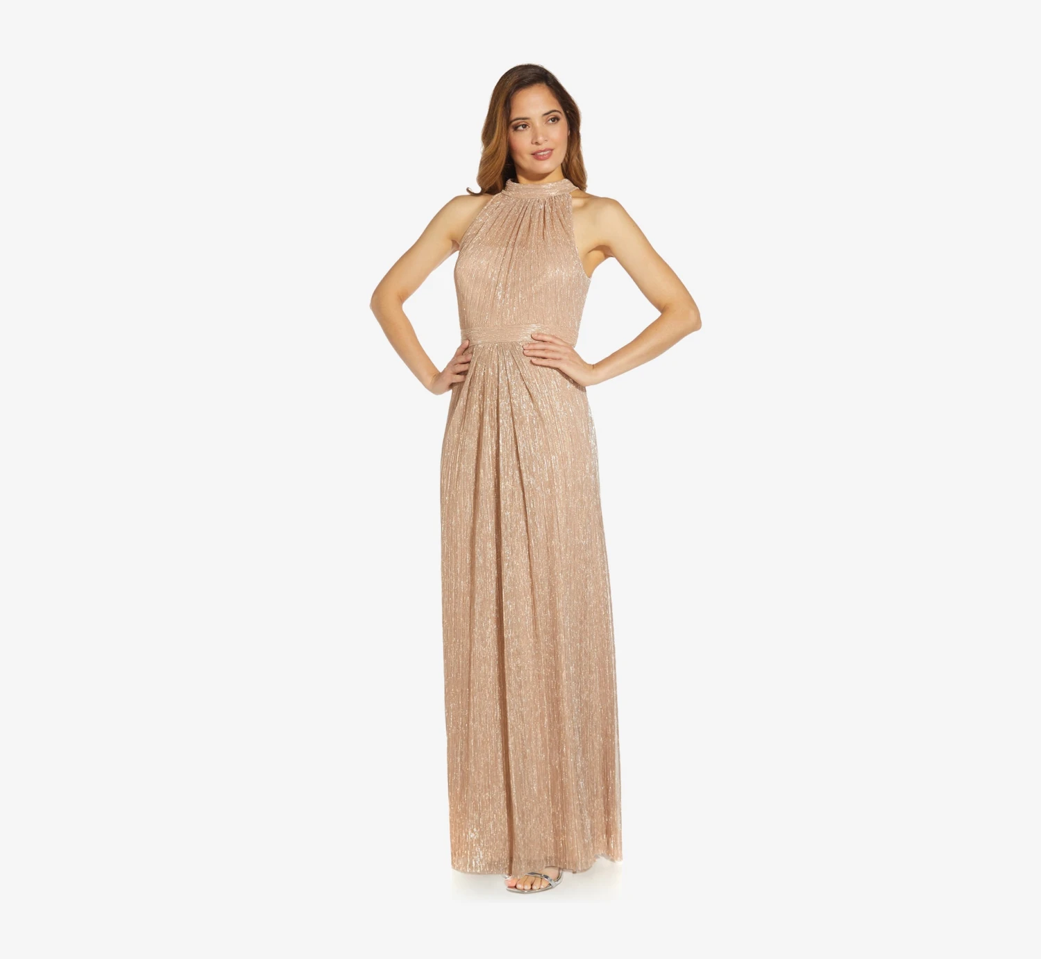 Adrianna Papell Metallic Knit Halter Long Gown In Champagne Gold 3 Adrianna Papell Metallic Knit Halter Long Gown In Champagne Gold - Image 3