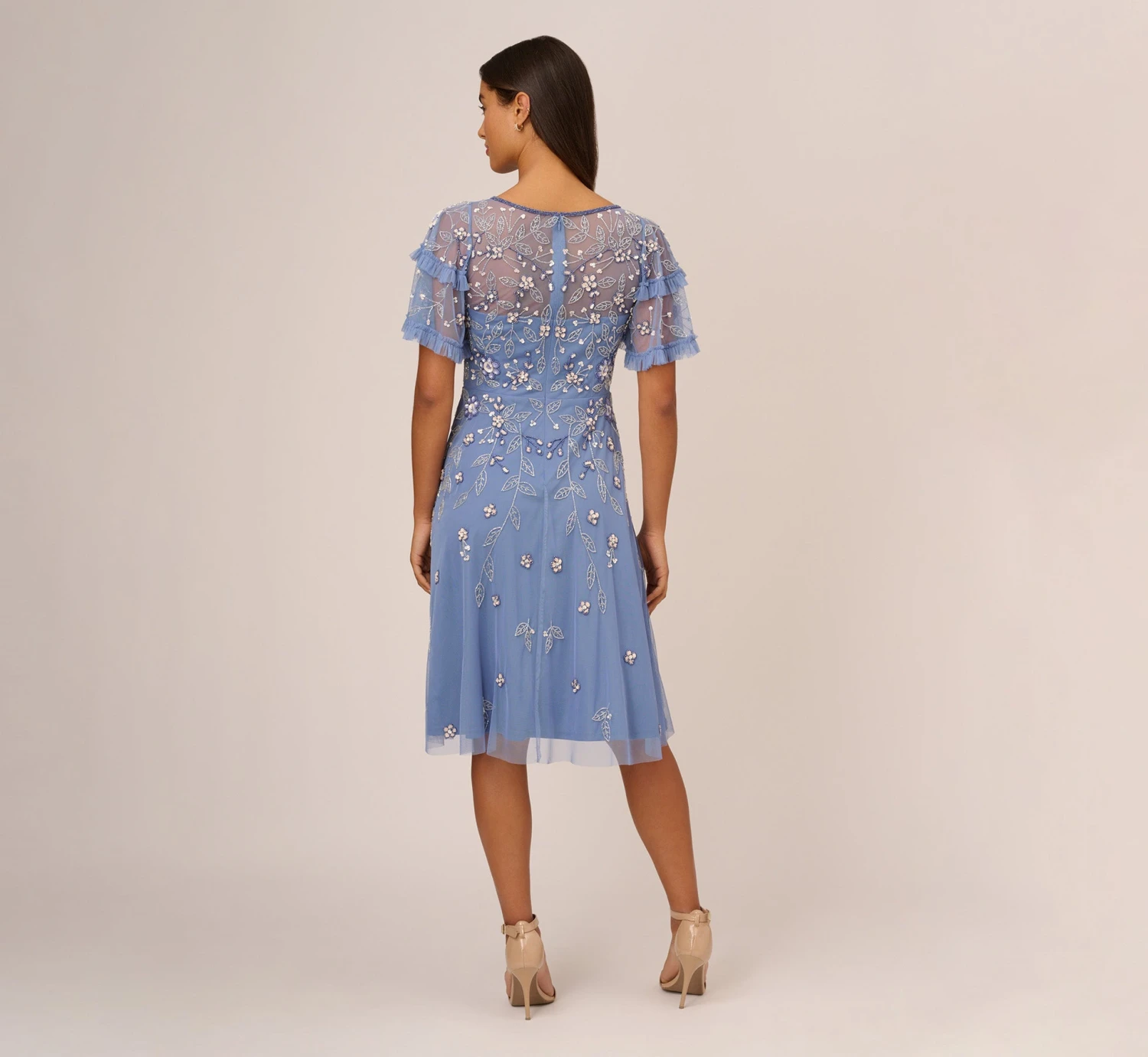 Adrianna Papell Beaded Midi Dress With Sheer Ruffled Sleeves In French Blue 4 Adrianna Papell Beaded Midi Dress With Sheer Ruffled Sleeves In French Blue - Image 4