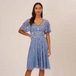 Adrianna Papell Beaded Midi Dress With Sheer Ruffled Sleeves In French Blue