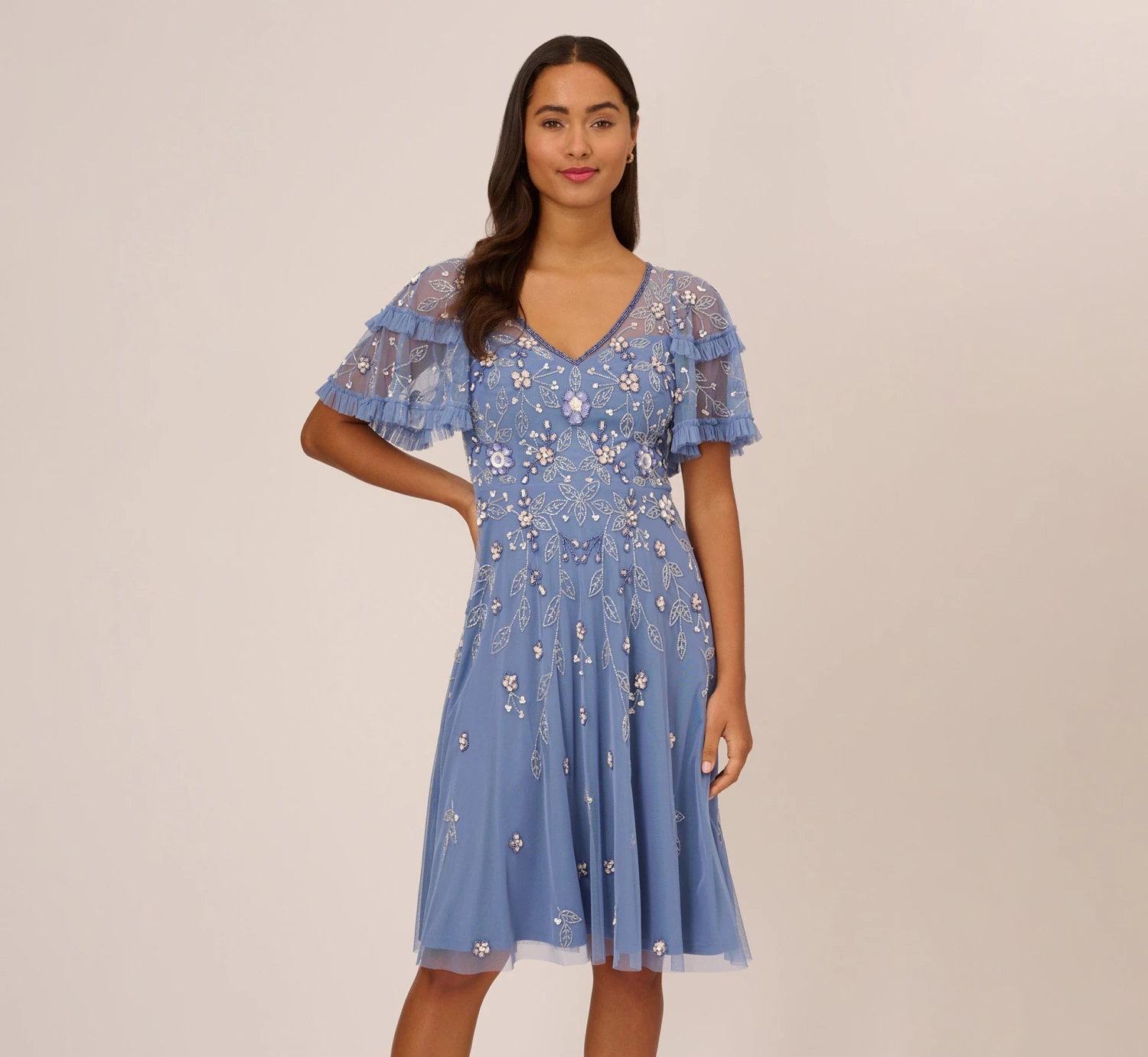 Adrianna Papell Beaded Midi Dress With Sheer Ruffled Sleeves In French Blue 8 Adrianna Papell Beaded Midi Dress With Sheer Ruffled Sleeves In French Blue - Image 8