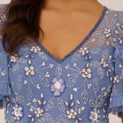 Adrianna Papell Beaded Midi Dress With Sheer Ruffled Sleeves In French Blue 12 Adrianna Papell Beaded Midi Dress With Sheer Ruffled Sleeves In French Blue -Glam Mirth Sales AP1E209508 AA544 Regular Detail