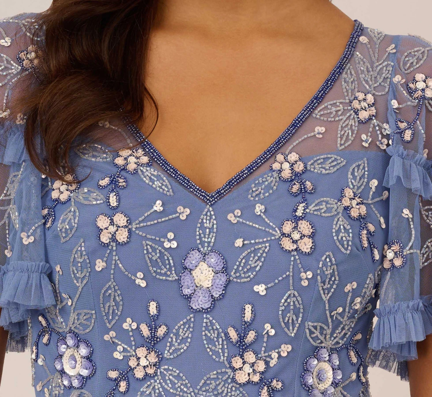 Adrianna Papell Beaded Midi Dress With Sheer Ruffled Sleeves In French Blue 5 Adrianna Papell Beaded Midi Dress With Sheer Ruffled Sleeves In French Blue - Image 5