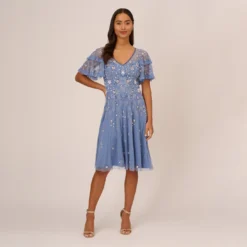 Adrianna Papell Beaded Midi Dress With Sheer Ruffled Sleeves In French Blue 14 Adrianna Papell Beaded Midi Dress With Sheer Ruffled Sleeves In French Blue -Glam Mirth Sales AP1E209508 AA544 Regular Front