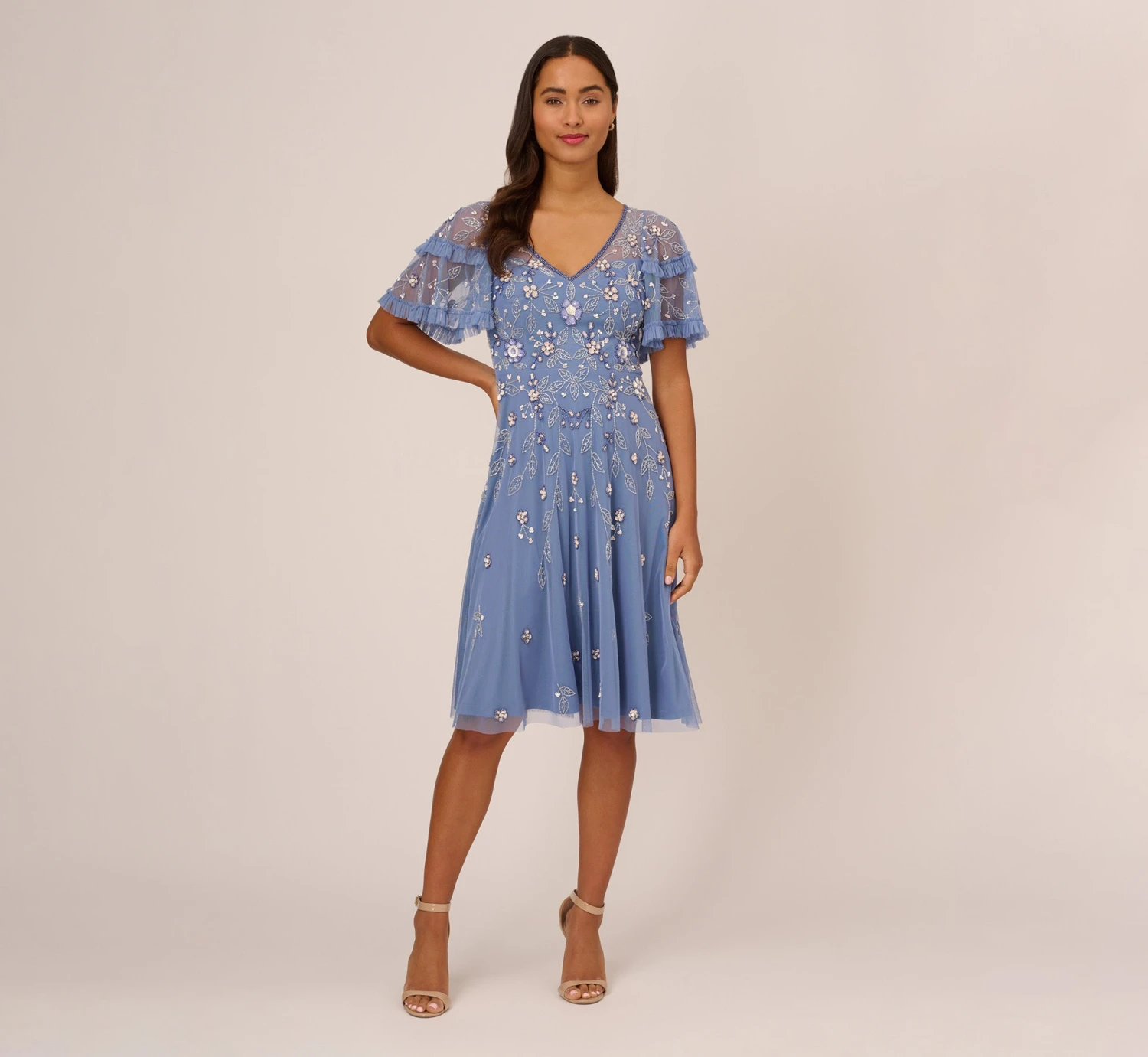 Adrianna Papell Beaded Midi Dress With Sheer Ruffled Sleeves In French Blue 7 Adrianna Papell Beaded Midi Dress With Sheer Ruffled Sleeves In French Blue - Image 7