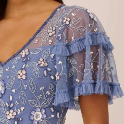 Adrianna Papell Beaded Midi Dress With Sheer Ruffled Sleeves In French Blue 10 Adrianna Papell Beaded Midi Dress With Sheer Ruffled Sleeves In French Blue -Glam Mirth Sales AP1E209508 AA544 Regular Lifestyle