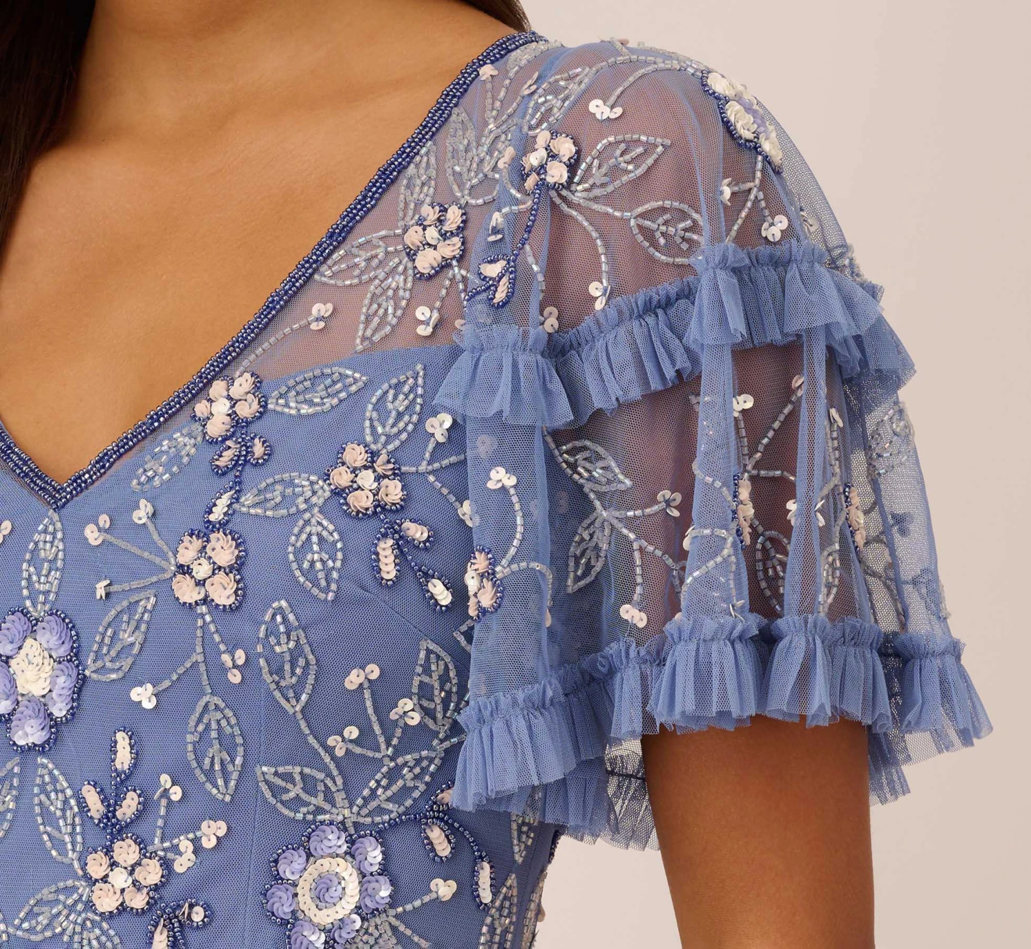 Adrianna Papell Beaded Midi Dress With Sheer Ruffled Sleeves In French Blue 3 Adrianna Papell Beaded Midi Dress With Sheer Ruffled Sleeves In French Blue - Image 3