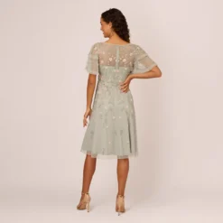 Adrianna Papell Beaded Midi Dress With Sheer Ruffled Sleeves In Frosted Sage 9 Adrianna Papell Beaded Midi Dress With Sheer Ruffled Sleeves In Frosted Sage -Glam Mirth Sales AP1E209508 AG484 Regular Back